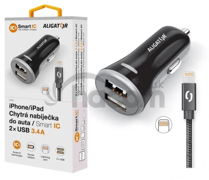 ALIGATOR 3.4A, 2xUSB, smart IC, čierna, USB kábel pre iPhone / iPad
