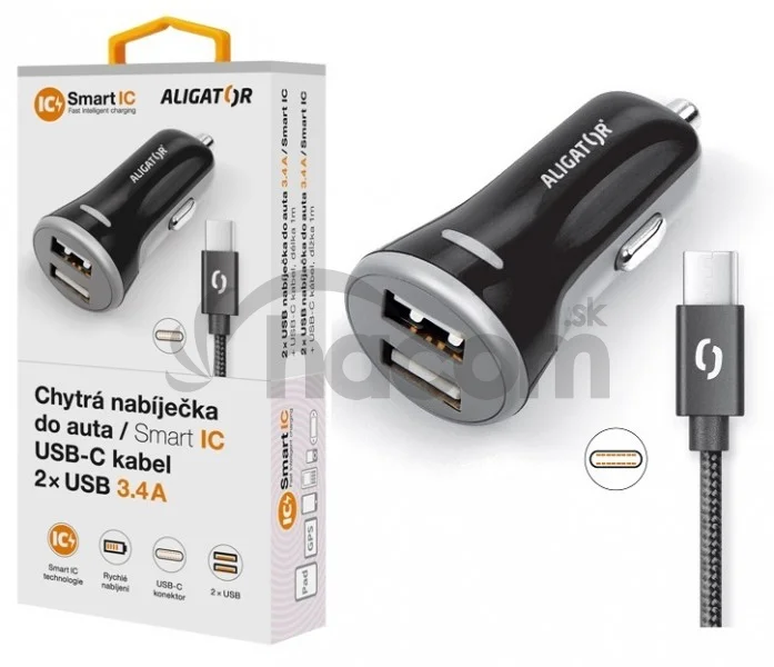 ALIGATOR Chytrá nabíjačka do auta 3.4A, 2xUSB, smart IC, čierna, USB-C kábel