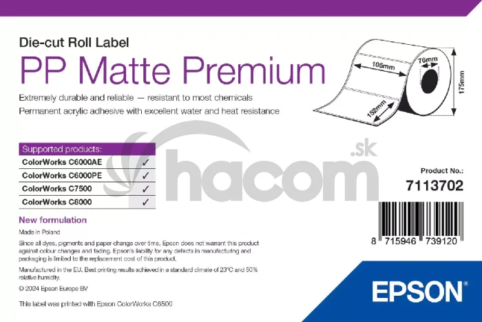 EPSON PP Matte Label Premium, Die-cut Roll, 105mm x 152mm, 800 Labels