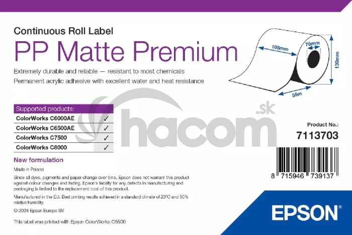 EPSON PP Matte Label Premium, Continuous Roll, 105mm x 55m