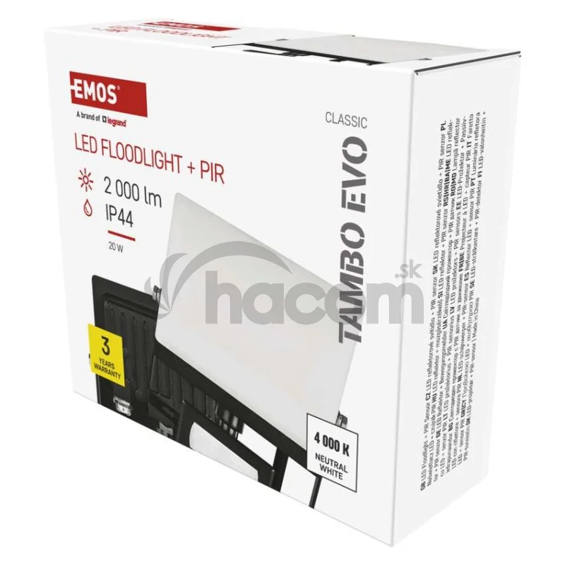 LED reflektor TAMBO EVO so senzorom pohybu, 20 W, 2000 lm, IP44, čierny