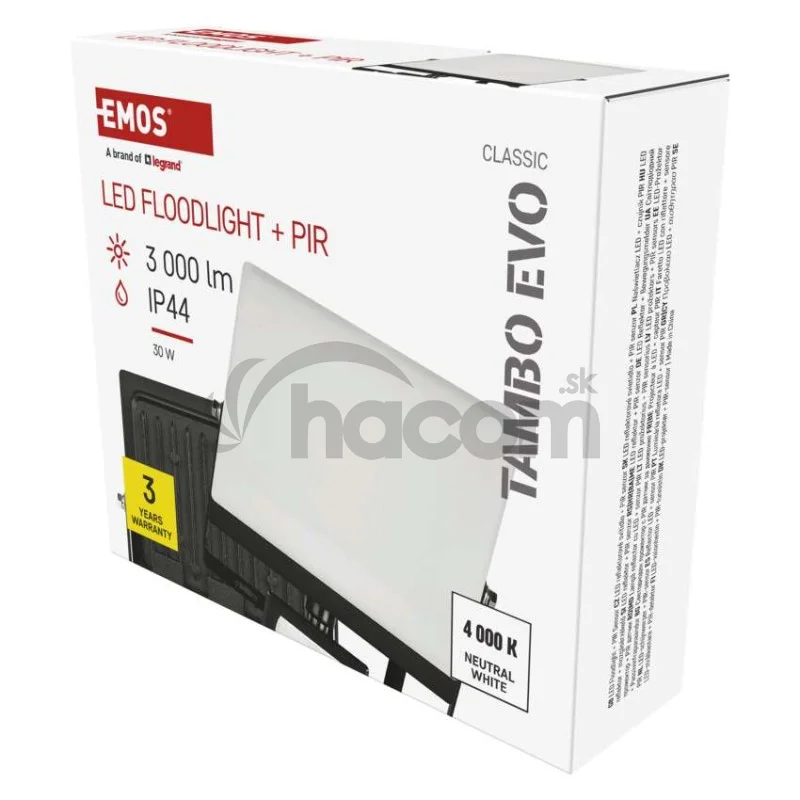LED reflektor TAMBO EVO so senzorom pohybu, 30 W, 3000 lm, IP44, čierny