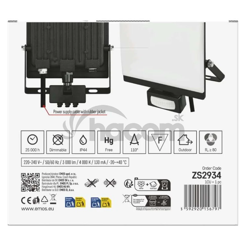 LED reflektor TAMBO EVO so senzorom pohybu, 30 W, 3000 lm, IP44, čierny