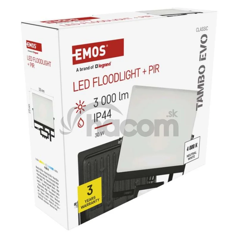 LED reflektor TAMBO EVO so senzorom pohybu, 30 W, 3000 lm, IP44, čierny