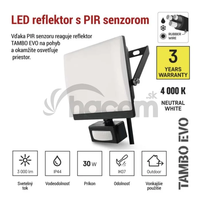 LED reflektor TAMBO EVO so senzorom pohybu, 30 W, 3000 lm, IP44, čierny