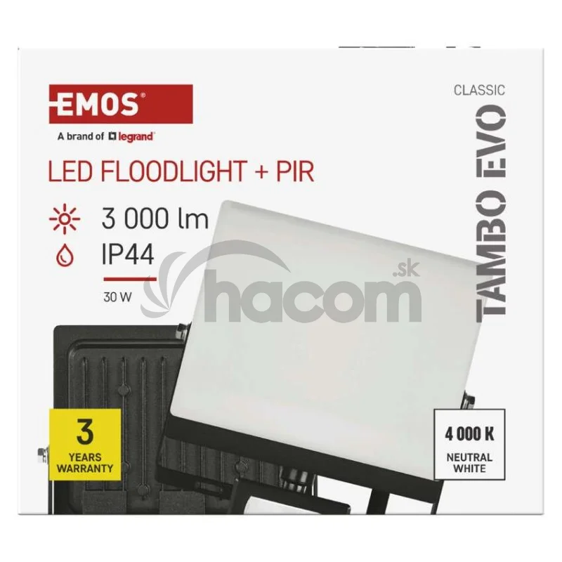LED reflektor TAMBO EVO so senzorom pohybu, 30 W, 3000 lm, IP44, čierny
