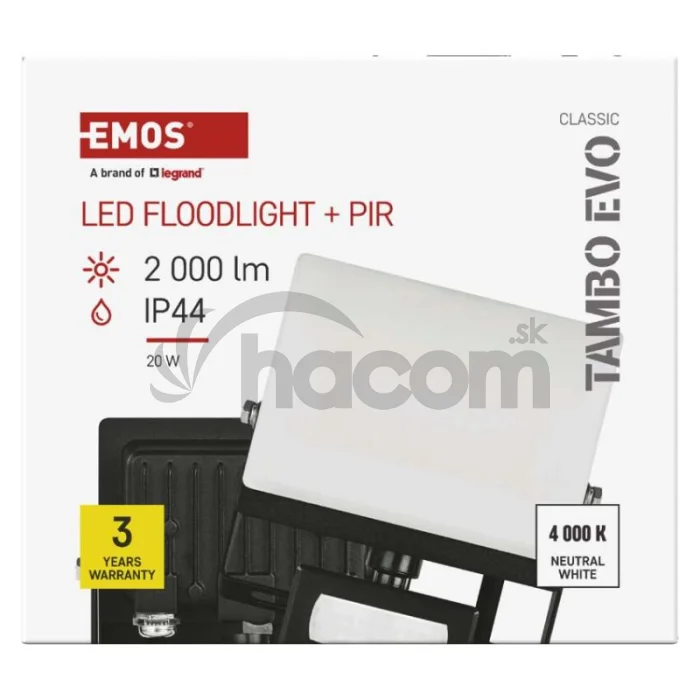 LED reflektor TAMBO EVO so senzorom pohybu, 20 W, 2000 lm, IP44, čierny