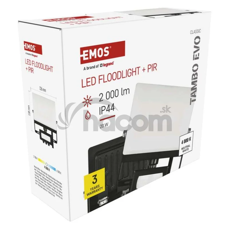 LED reflektor TAMBO EVO so senzorom pohybu, 20 W, 2000 lm, IP44, čierny