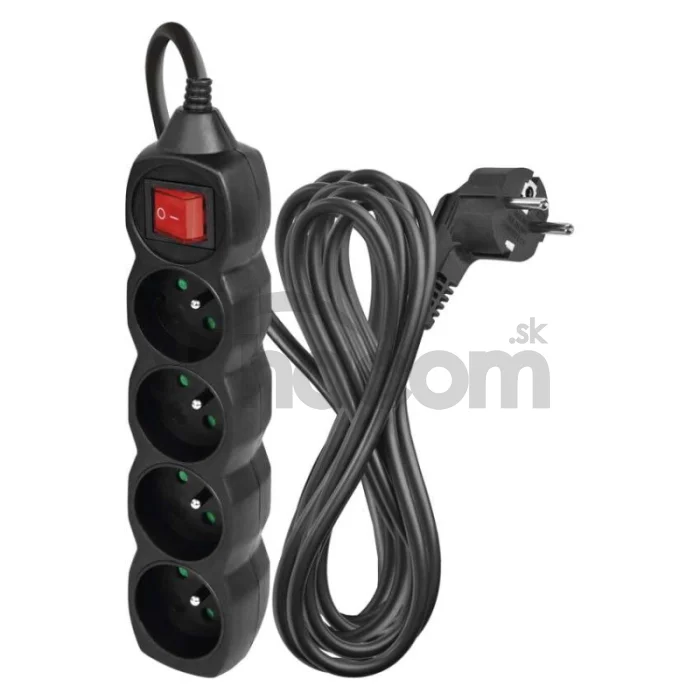 Predlžovací kábel 5 m / 4 zásuvky / s vypínačom / čierny / PVC / 1,5 mm2