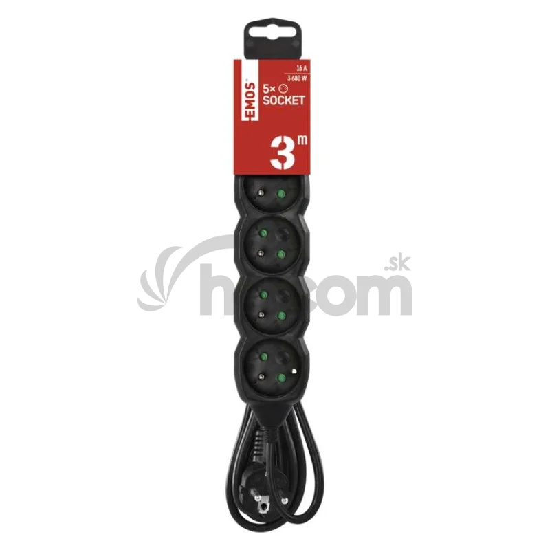 Predlžovací kábel 3 m / 5 zásuviek / čierny / PVC / 1,5 mm2