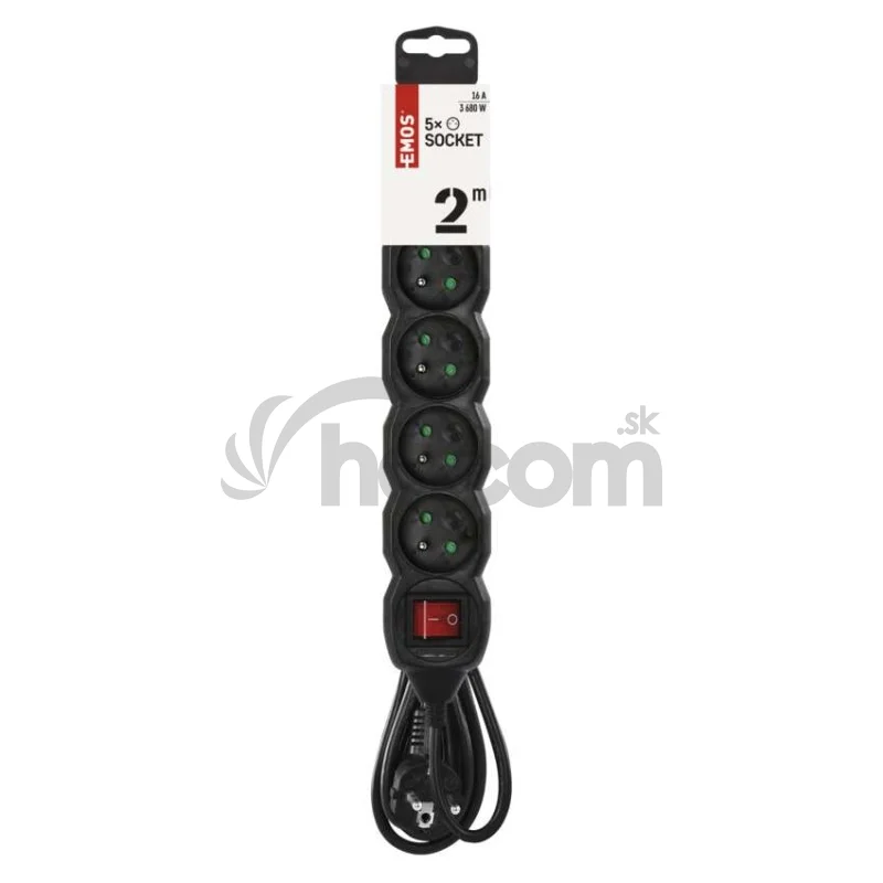 Predlžovací kábel 2 m / 5 zásuviek / s vypínačom / čierny / PVC / 1 mm2
