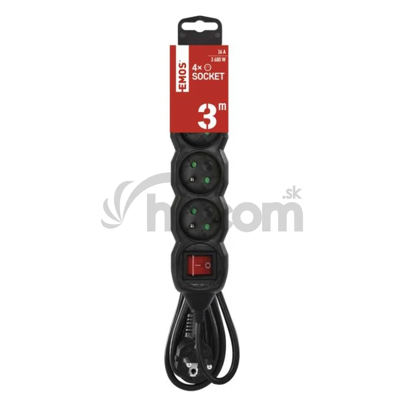 Predlžovací kábel 3 m / 4 zásuvky / s vypínačom / čierny / PVC / 1,5 mm2