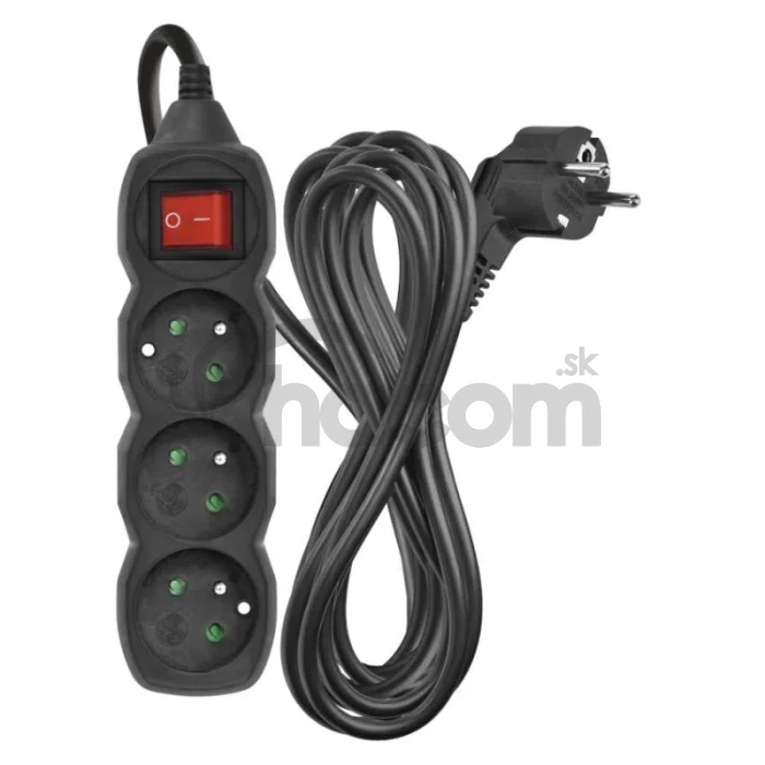 Predlžovací kábel 5 m / 3 zásuvky / s vypínačom / čierny / PVC / 1 mm2