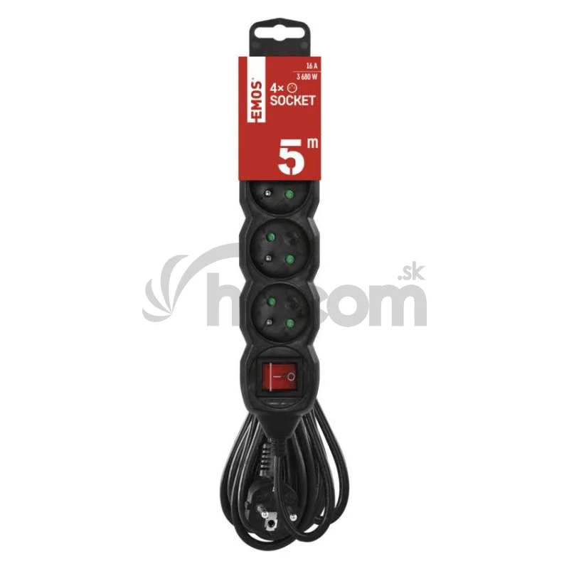 Predlžovací kábel 5 m / 4 zásuvky / s vypínačom / čierny / PVC / 1,5 mm2