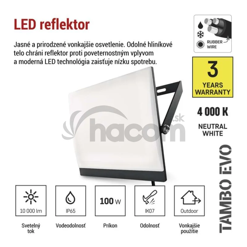 LED reflektor TAMBO EVO, 100 W, 10 000 lm, IP65, čierny