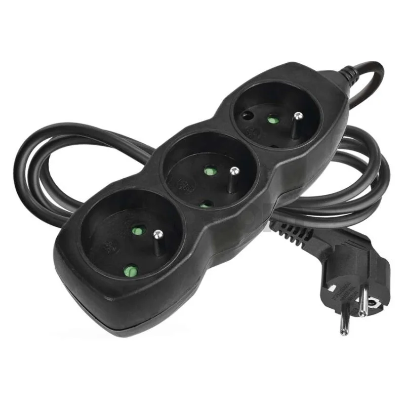 Predlžovací kábel 1,5 m / 3 zásuvky / čierny / PVC / 1 mm2