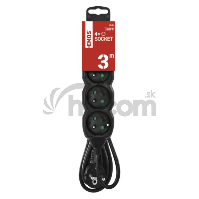 Predlžovací kábel 3 m / 4 zásuvky / čierny / PVC / 1,5 mm2
