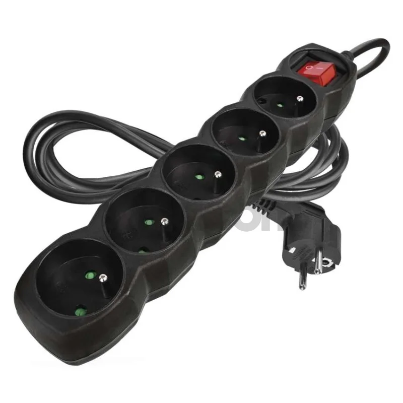 Predlžovací kábel 2 m / 5 zásuviek / s vypínačom / čierny / PVC / 1 mm2