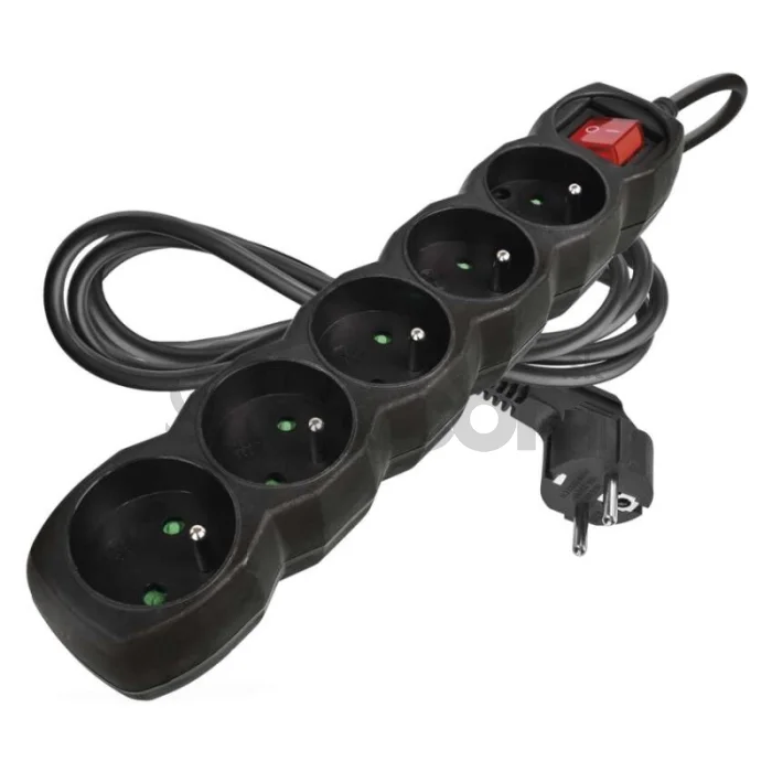 Predlžovací kábel 2 m / 5 zásuviek / s vypínačom / čierny / PVC / 1 mm2