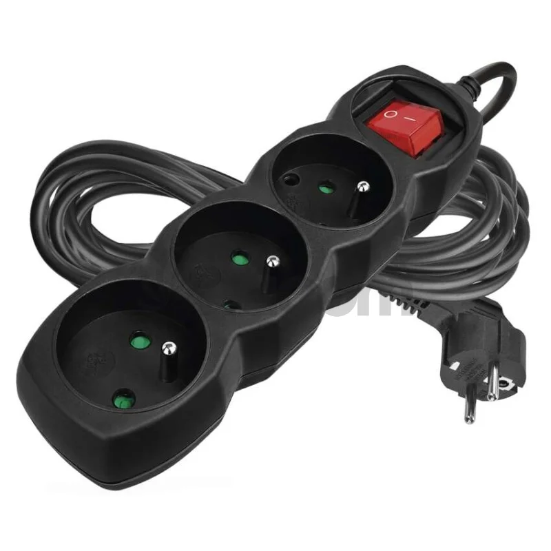 Predlžovací kábel 5 m / 3 zásuvky / s vypínačom / čierny / PVC / 1 mm2
