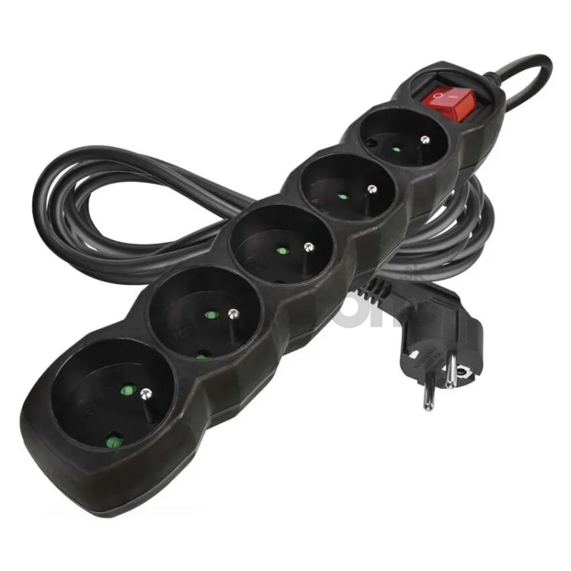 Predlžovací kábel 3 m / 5 zásuviek / s vypínačom / čierny / PVC / 1 mm2