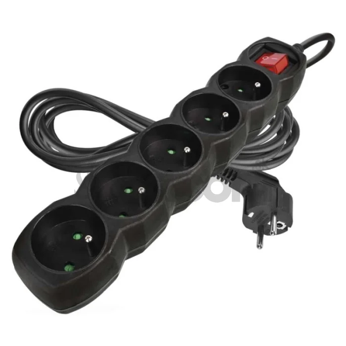 Predlžovací kábel 3 m / 5 zásuviek / s vypínačom / čierny / PVC / 1,5 mm2