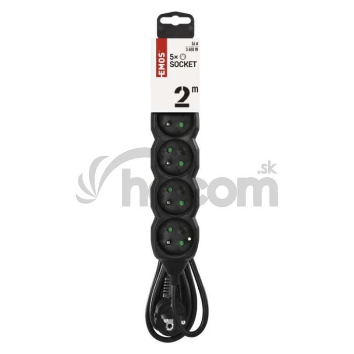 Predlžovací kábel 2 m / 5 zásuviek / čierny / PVC / 1 mm2