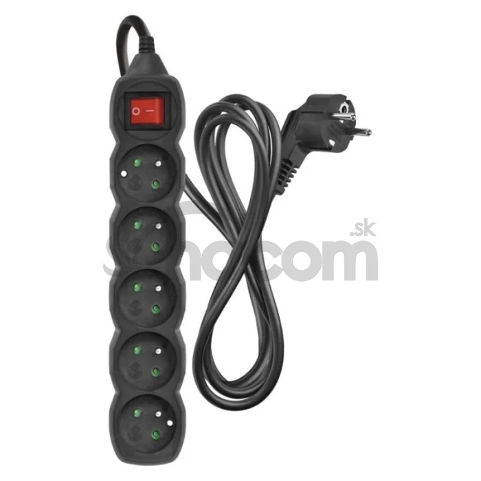 Predlžovací kábel 2 m / 5 zásuviek / s vypínačom / čierny / PVC / 1 mm2