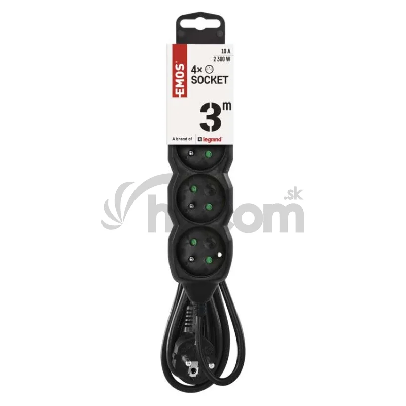 Predlžovací kábel 3 m / 4 zásuvky / čierny / PVC / 1 mm2