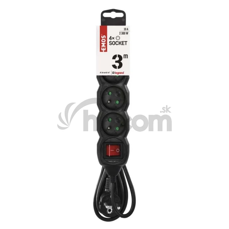 Predlžovací kábel 3 m / 4 zásuvky / s vypínačom / čierny / PVC / 1 mm2