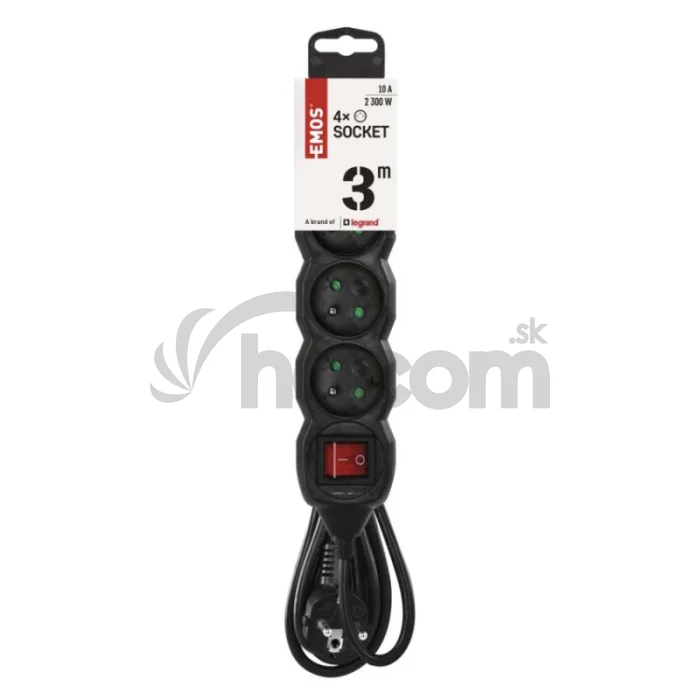Predlžovací kábel 3 m / 4 zásuvky / s vypínačom / čierny / PVC / 1 mm2