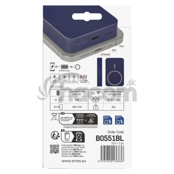 Power bank EMOS WI 1046, 10 000 mAh, 20 W+Wireless, modrá