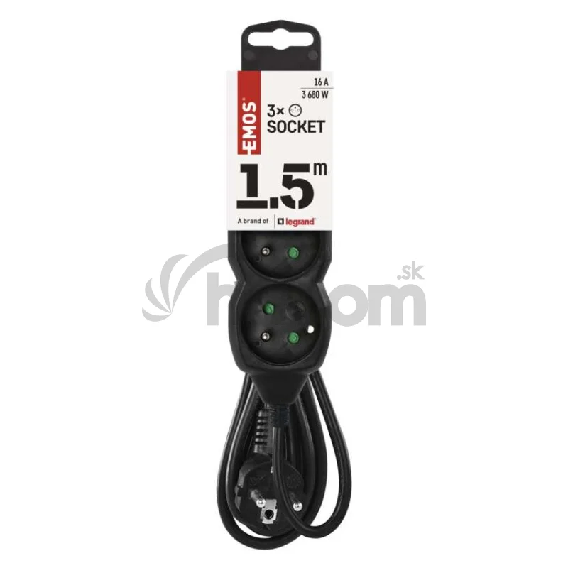 Predlžovací kábel 1,5 m / 3 zásuvky / čierny / PVC / 1 mm2