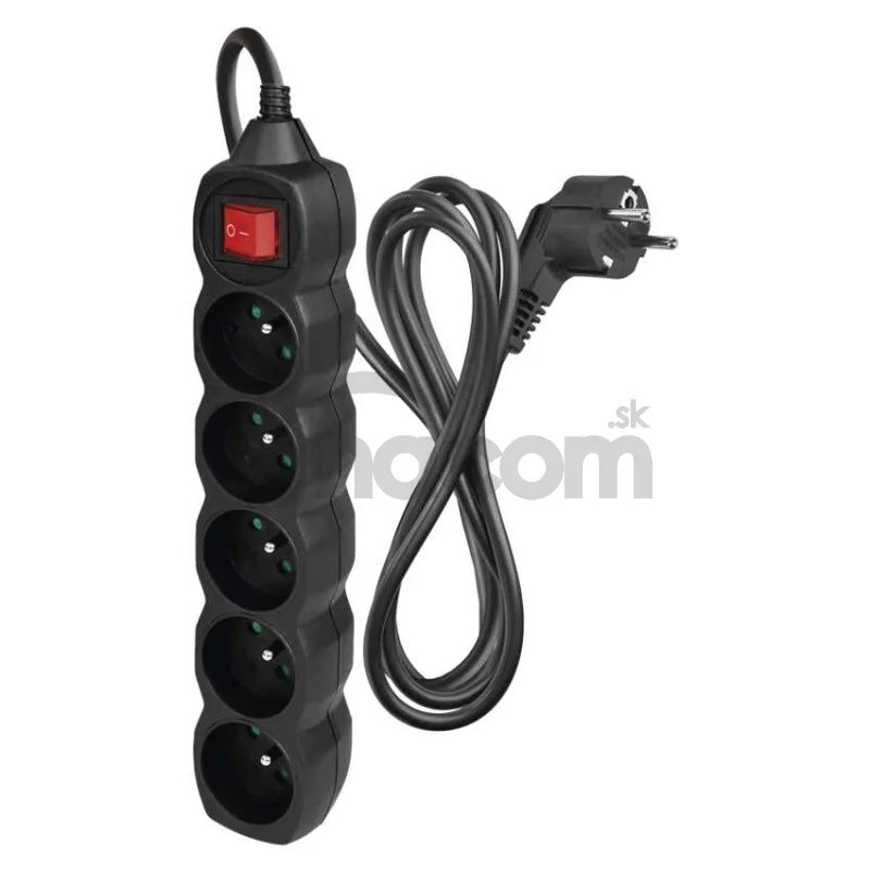 Predlžovací kábel 2 m / 5 zásuviek / s vypínačom / čierny / PVC / 1 mm2
