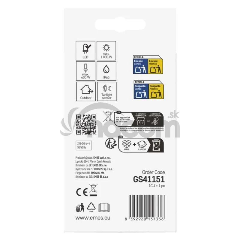 Senzor súmraku 1800W IP65 biela