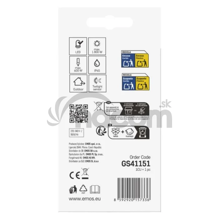 Senzor súmraku 1800W IP65 biela