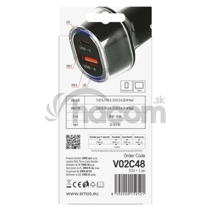 USB adaptér do auta PD/QC 48 W