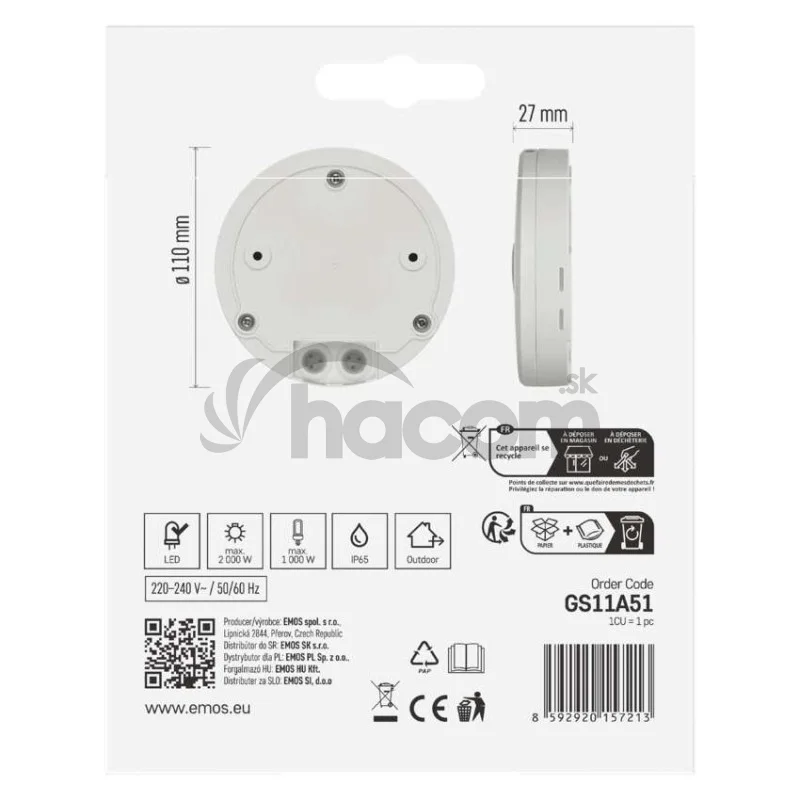 PIR senzor (pohybové čidlo) IP65 2000W, biela