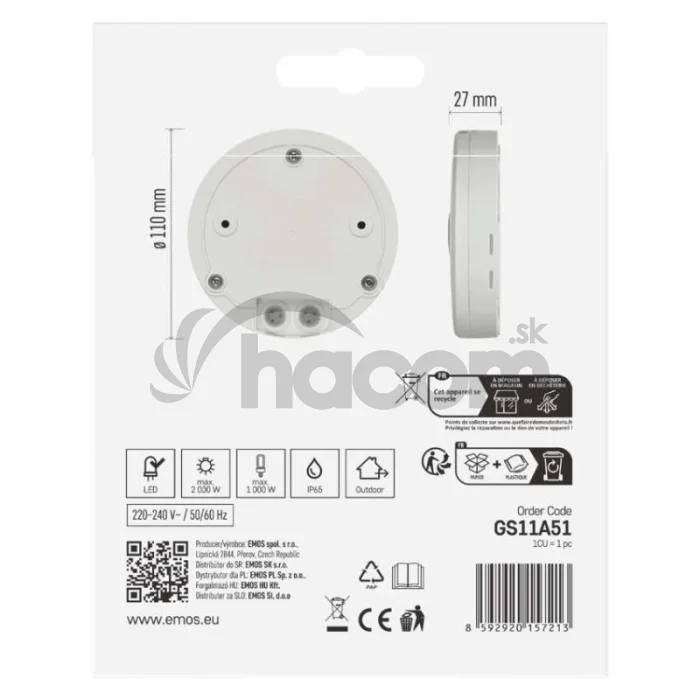 PIR senzor (pohybové čidlo) IP65 2000W, biela