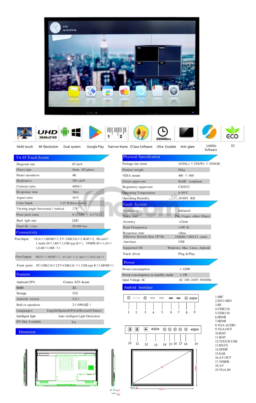 EliteDisplay 65"; Cortex A53/2GB RAM/32GB HDD/Android OS/EN language only
