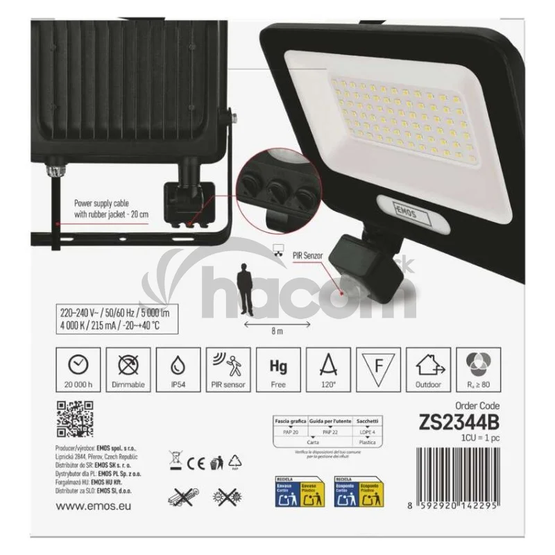 LED reflektor GLARO s pohybovým čidlom, 50 W, čierny, IP54, 5000 lm, neutrálna biela