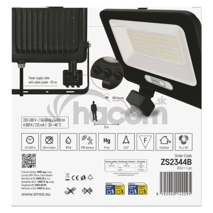 LED reflektor GLARO s pohybovým čidlom, 50 W, čierny, IP54, 5000 lm, neutrálna biela