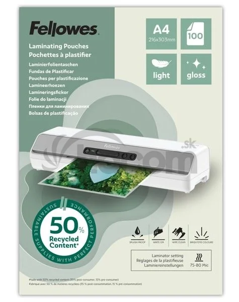 Laminovacia fólia Fellowes A3 80 mic z recyklovaného materiálu (50%), lesklé