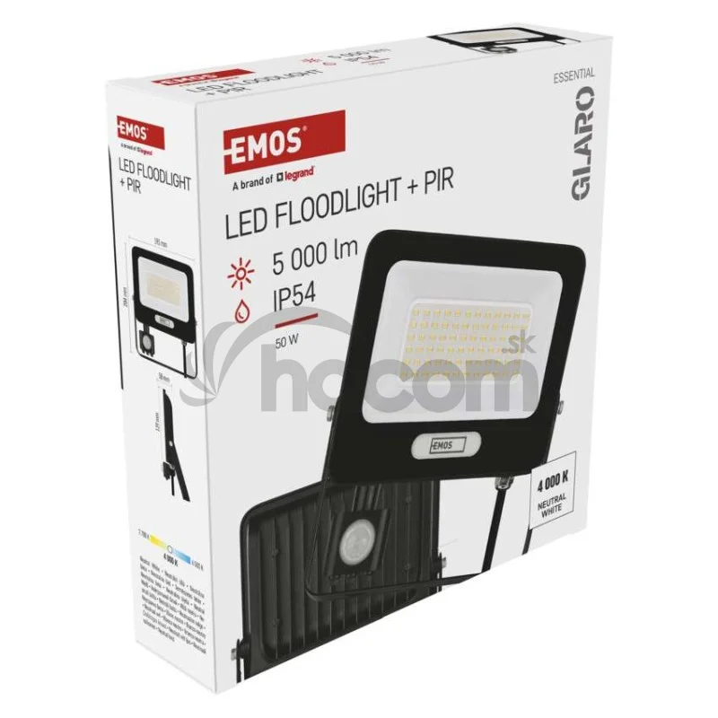 LED reflektor GLARO s pohybovým čidlom, 50 W, čierny, IP54, 5000 lm, neutrálna biela