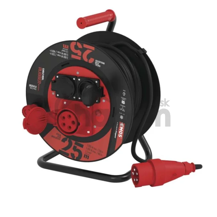 Vonkajší predlžovací kábel na bubne 25 m / 3 zásuvky / čierny / guma / 230V/400V / 1,5 mm2