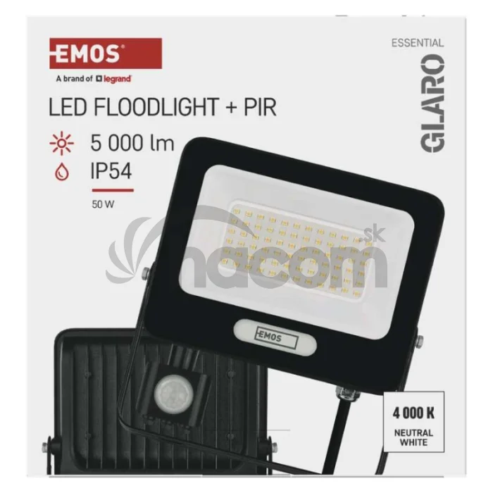 LED reflektor GLARO s pohybovým čidlom, 50 W, čierny, IP54, 5000 lm, neutrálna biela