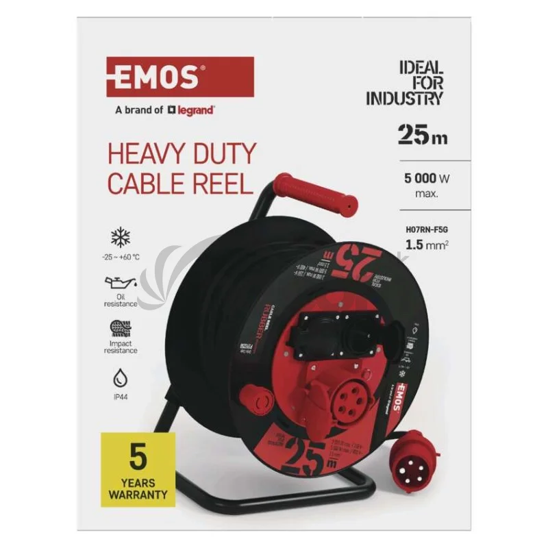Vonkajší predlžovací kábel na bubne 25 m / 3 zásuvky / čierny / guma / 230V/400V / 1,5 mm2