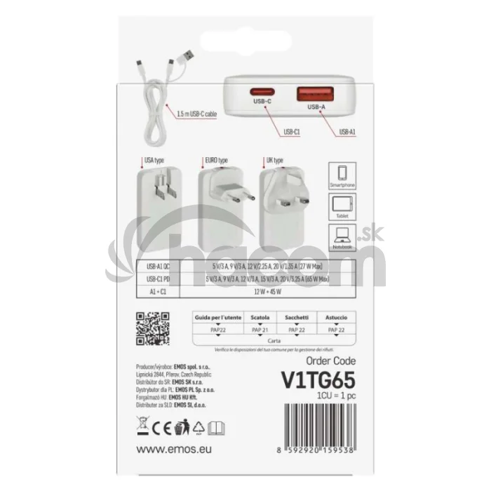 USB sieťový adaptér GaN PD 65W, AC + kábel