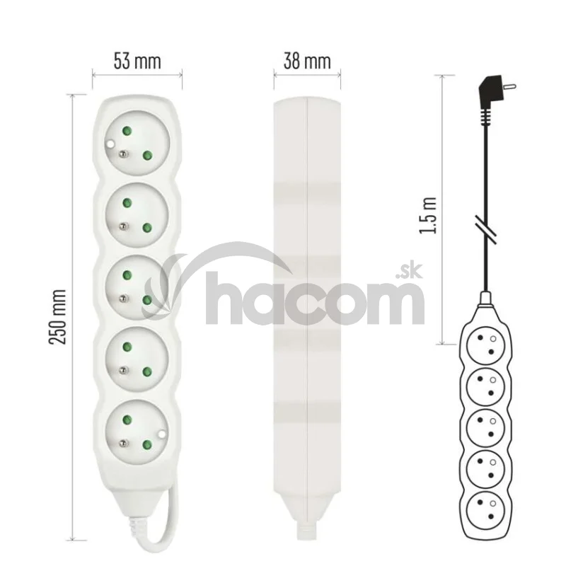 Predlžovací kábel 1,5 m / 5 zásuviek / biely / PVC / 1 mm2