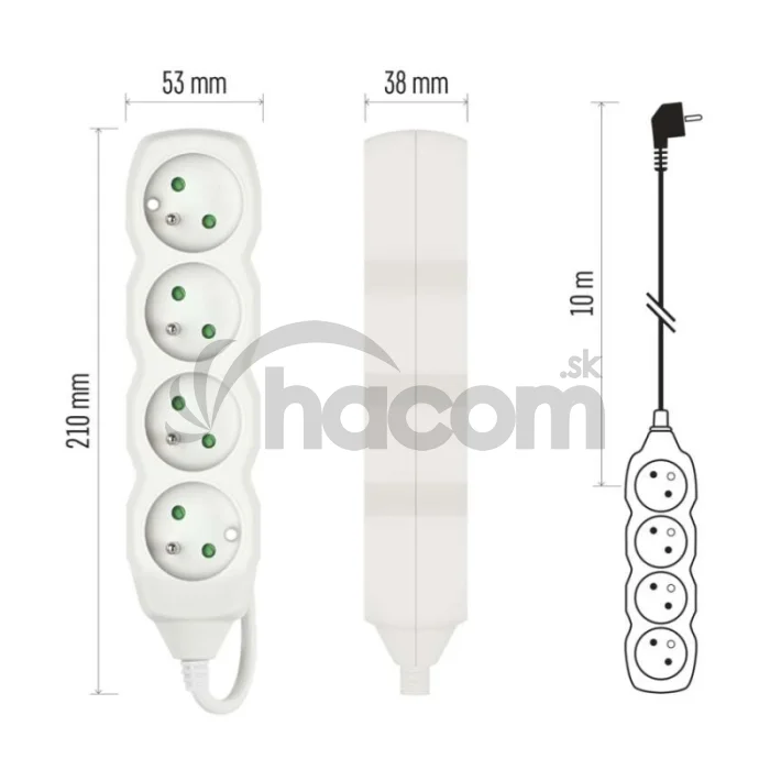 Predlžovací kábel 10 m / 4 zásuvky / biely / PVC / 1 mm2